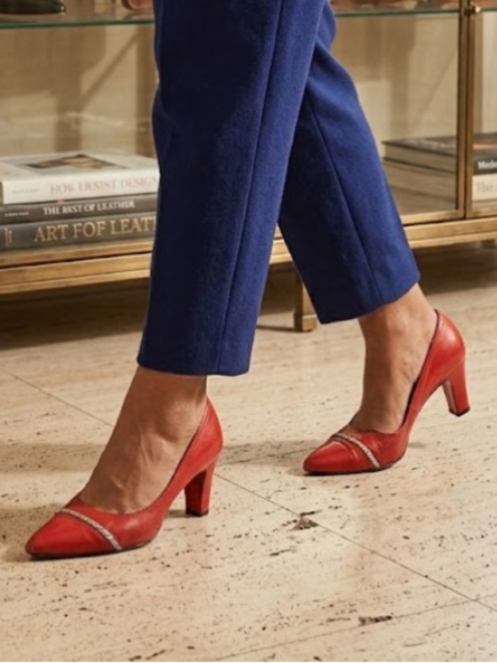 St. John Red Pointed Toe Braided Trim Low Heel Pumps